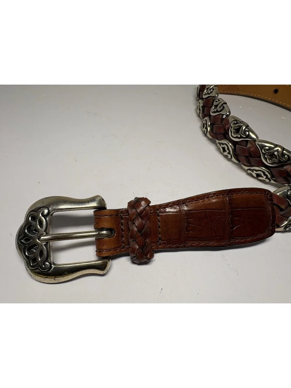 BRIGHTON Brown Leather Braided Belt 91807 Silver Tone Buckle & Conchos Size Med